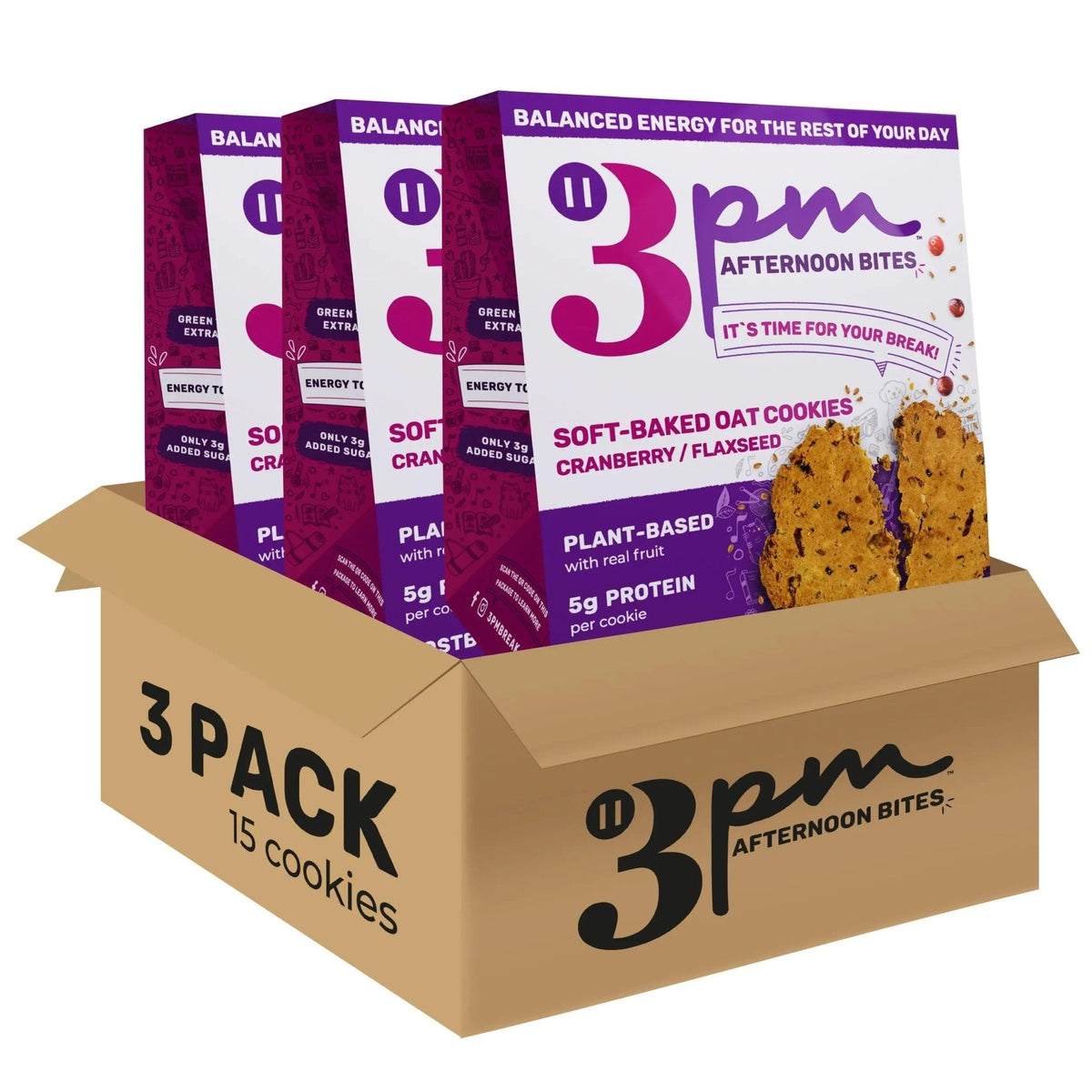 3PM Afternoon Bites Cranberry Flaxseed Cookies with Postbiotics, 5g of Protein, 15 Cookies - Maple Wellness Supplements