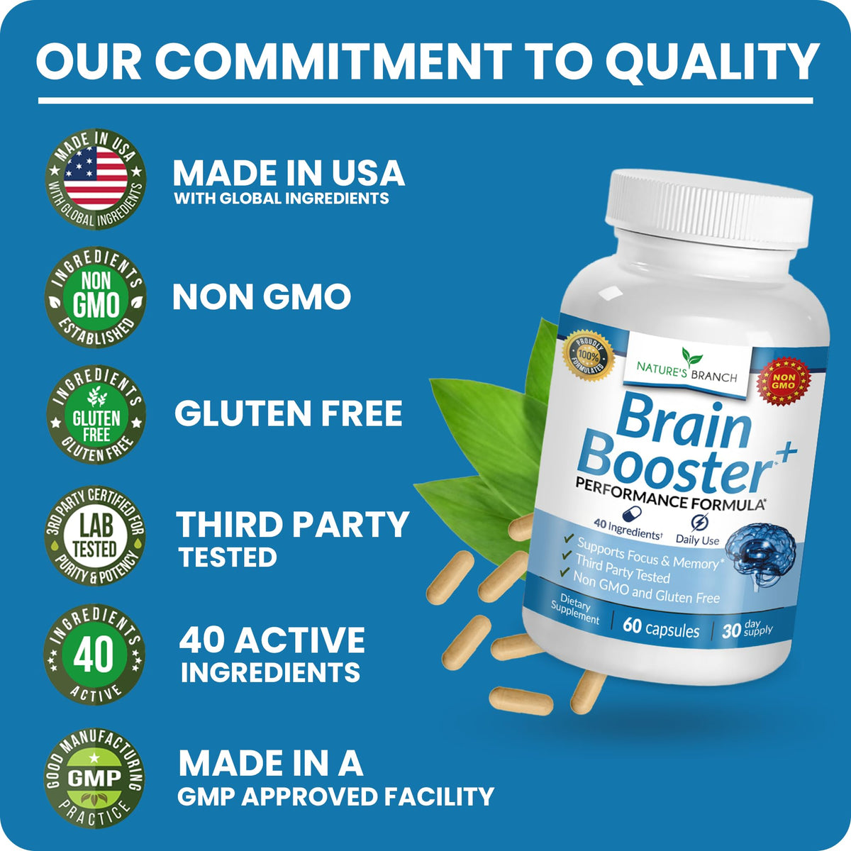 40-in-1 Brain Booster Supplement for Focus, Memory, Clarity, Energy | Advanced Vitamins Plus eBook | for Men & Women, Cognitive Function Nootropic Support with DMAE, Mind Health Formula | 60 Capsules - Maple Wellness Supplements
