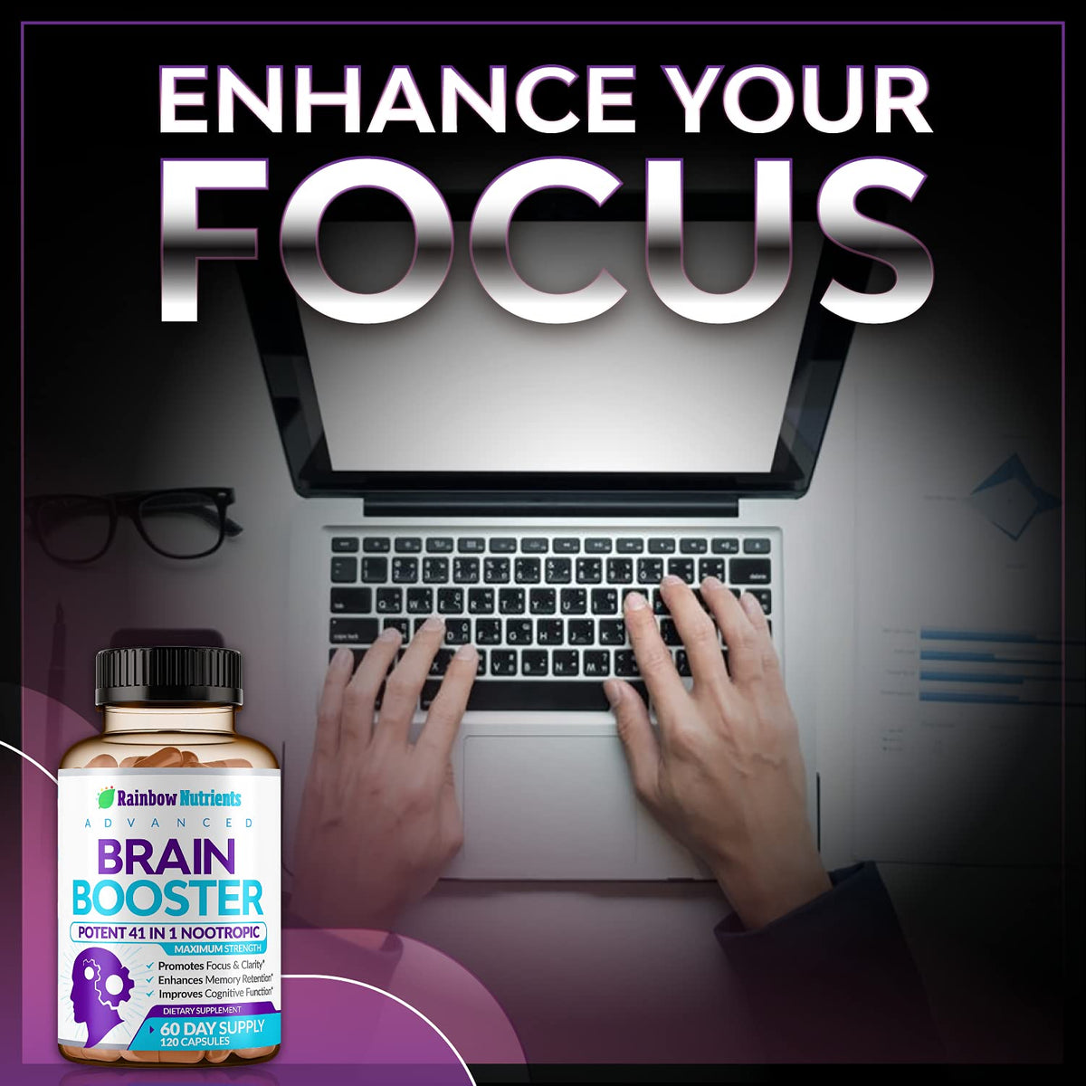 40-in-1 Brain Booster Supplements for Memory, Focus, Clarity, Energy, Performance | Natural Nootropic Brain Support Supplement with DMAE, Bacopa Monnieri & More | For Men & Women | 120 V Capsules - Maple Wellness Supplements