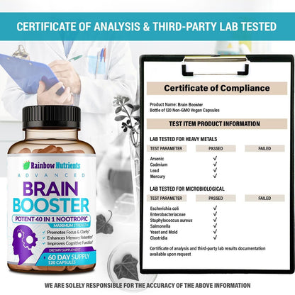 40-in-1 Brain Booster Supplements for Memory, Focus, Clarity, Energy, Performance | Natural Nootropic Brain Support Supplement with DMAE, Bacopa Monnieri & More | For Men & Women | 120 V Capsules - Maple Wellness Supplements