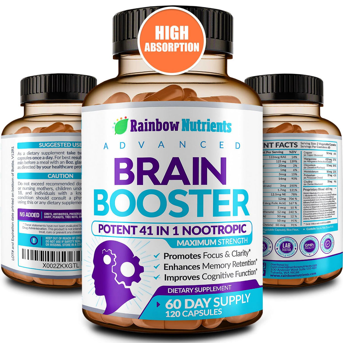 40-in-1 Brain Booster Supplements for Memory, Focus, Clarity, Energy, Performance | Natural Nootropic Brain Support Supplement with DMAE, Bacopa Monnieri & More | For Men & Women | 120 V Capsules - Maple Wellness Supplements