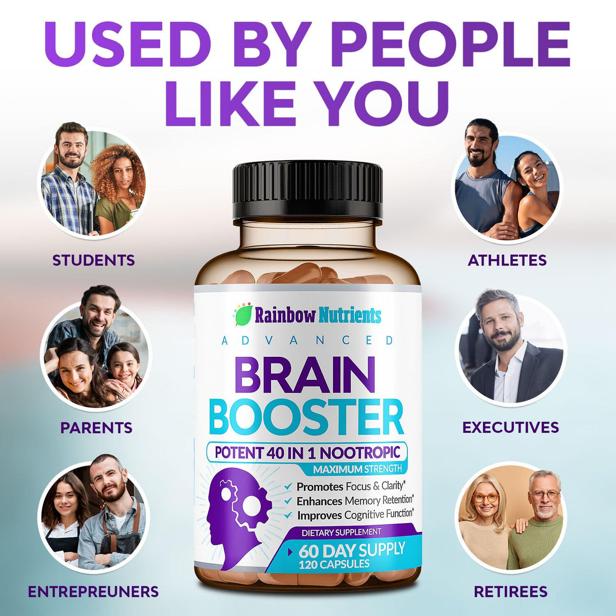 40-in-1 Brain Booster Supplements for Memory, Focus, Clarity, Energy, Performance | Natural Nootropic Brain Support Supplement with DMAE, Bacopa Monnieri & More | For Men & Women | 120 V Capsules - Maple Wellness Supplements
