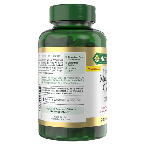 Nature’s Bounty High Absorption Magnesium Glycinate 240 mg for Supporting Muscle Relaxation and Bone, Heart & Nerve Health – Non-GMO, Gluten-Free, Vegetarian, 120 Count/60 Servings - OmniHealth US