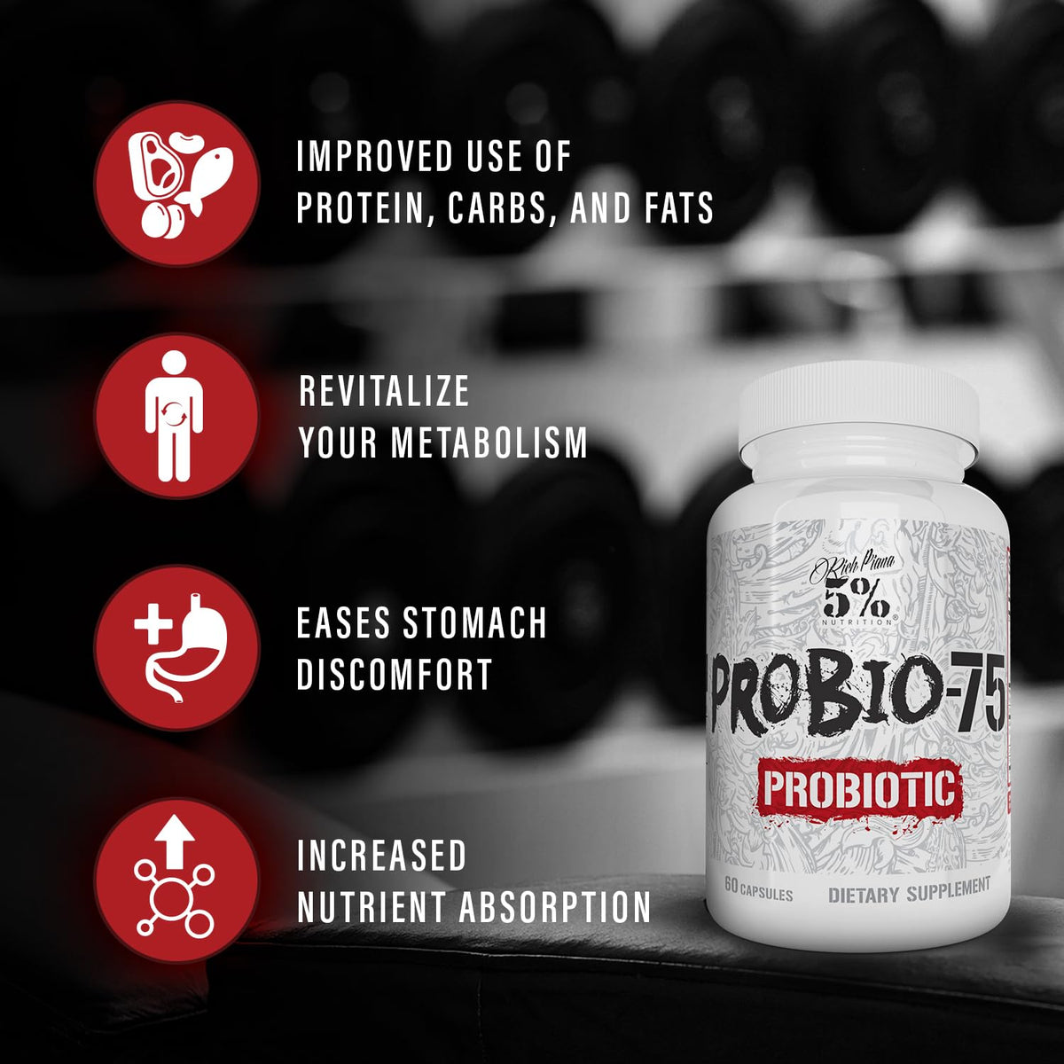 5% Nutrition Rich Piana Probio-75 Billion CFUs | Vegan, 14 Unique Strains - Maple Wellness Supplements