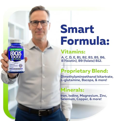 Focus Factor Adults Extra Strength, 120 Count - Brain Supplement for Memory, Concentration and Focus - Complete Multivitamin with DMAE - OmniHealth US