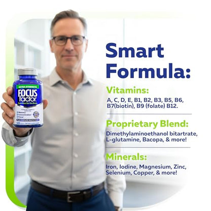 Focus Factor Adults Extra Strength, 120 Count - Brain Supplement for Memory, Concentration and Focus - Complete Multivitamin with DMAE - OmniHealth US