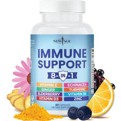 NEW AGE 8 in 1 Immune Support Booster Supplement with Echinacea, Vitamin C and Zinc 