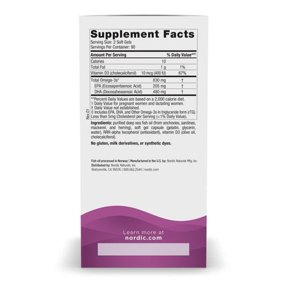 Nordic Naturals Prenatal DHA, Unflavored - 180 Soft Gels - 830 mg Omega-3 + 400 IU Vitamin D3 - Supports Brain Development in Babies During - OmniHealth US