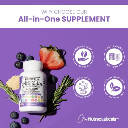 Magnesium Glycinate Complex 1000mg with L-Theanine 200mg Apigenin 50mg Citrate Taurate Supplement - 5-HTP GABA Passion Flower Lemon Balm L-Glycine Phosphatidylserine Ashwagandha - USA Made Clean Nutra
