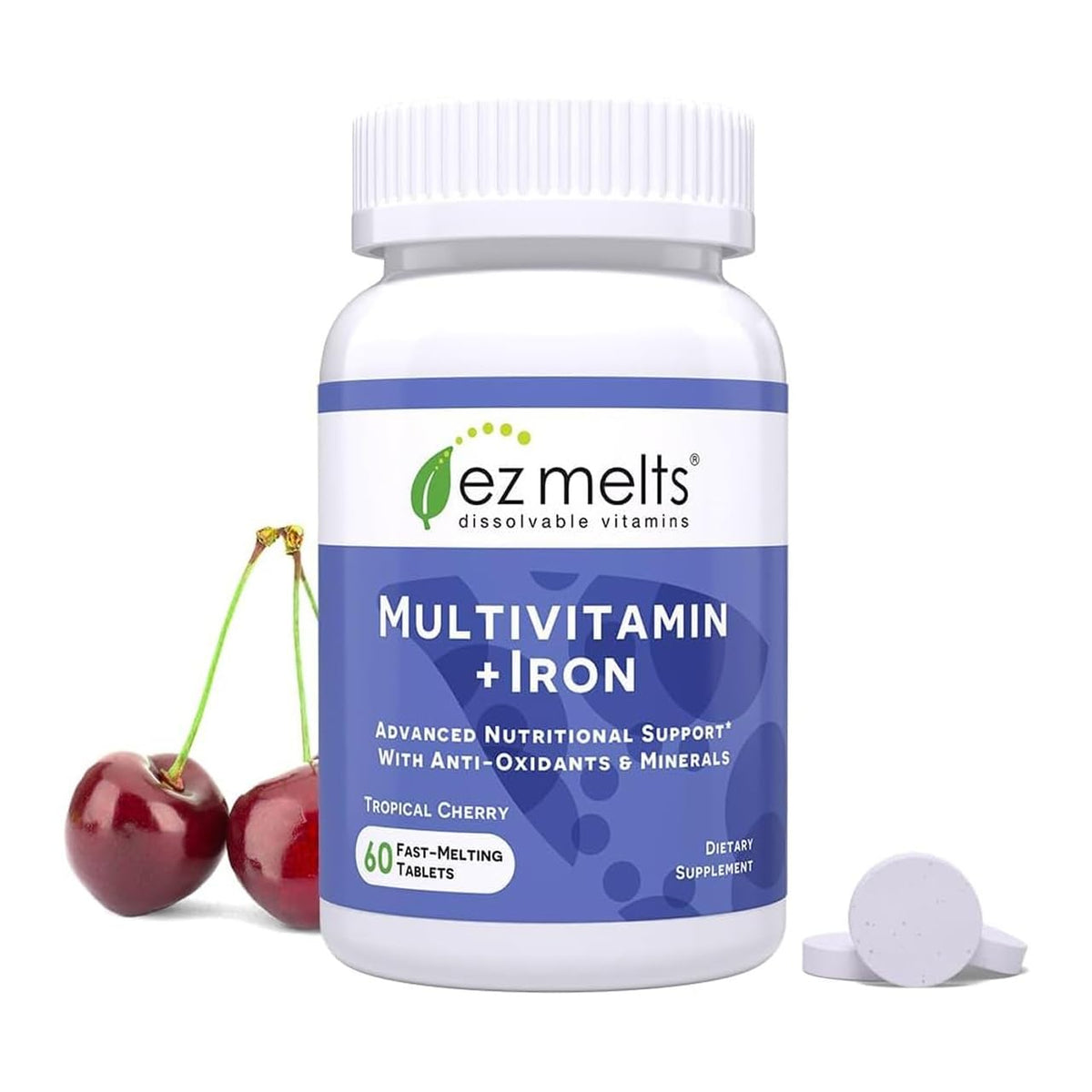 EZ Melts Multivitamin + Iron - Daily Multivitamin for Women & Men - Supports Healthy Energy Levels & Antioxidant Protection - Non-GMO & Vegan - Tropical Cherry - OmniHealth US