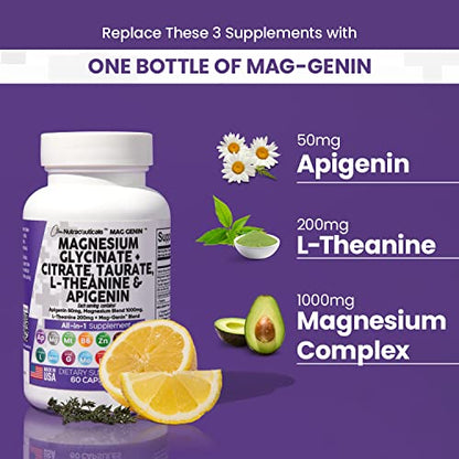 Magnesium Glycinate Complex 1000mg with L-Theanine 200mg Apigenin 50mg Citrate Taurate Supplement - 5-HTP GABA Passion Flower Lemon Balm L-Glycine Phosphatidylserine Ashwagandha - USA Made Clean Nutra