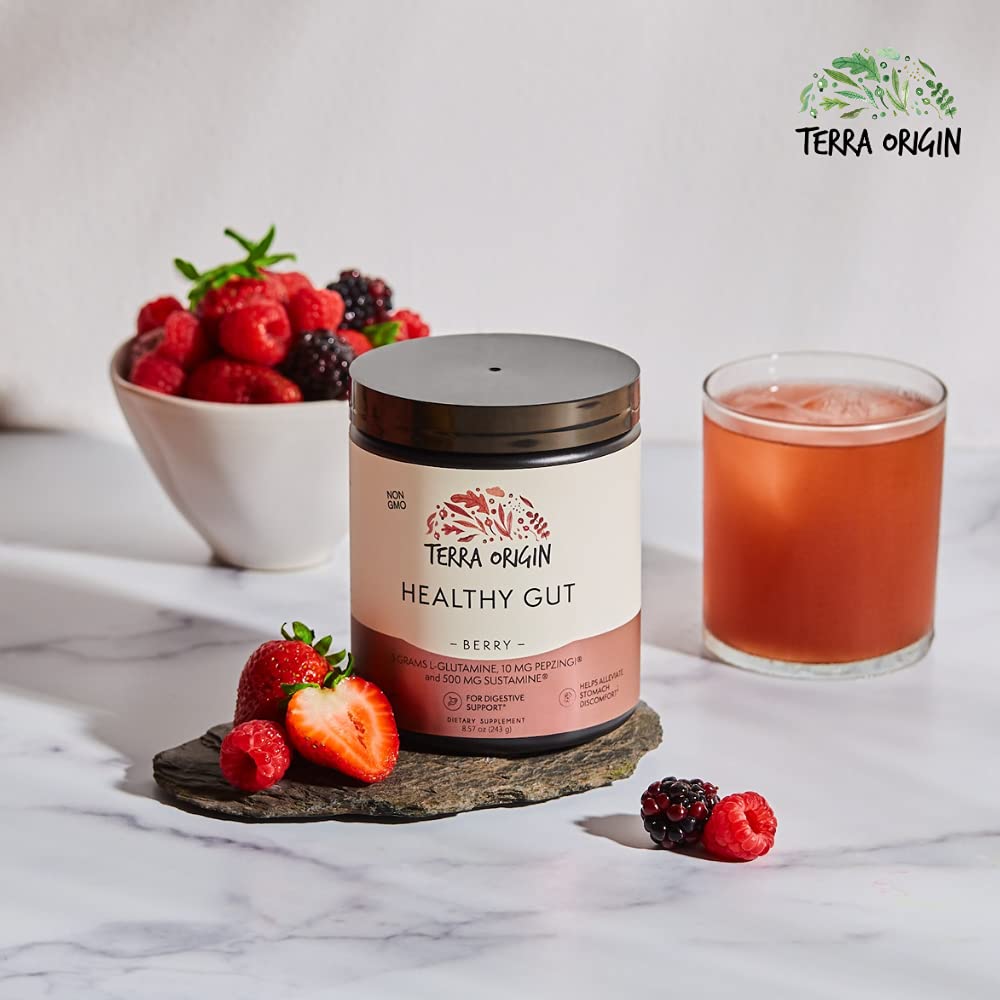TERRA ORIGIN Healthy Gut Powder (Berry Flavor) |30-Servings with L-Glutamine, Zinc, Glucosamine, Slippery Elm Bark, Marshmallow Root and More! - OmniHealth US