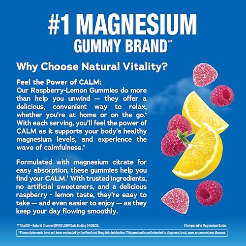 Natural Vitality Calm Magnesium Gummies | 330mg Per Serving | Raspberry Lemon Flavored Supplement | Gluten-Free & Vegan | 240 Count - OmniHealth US