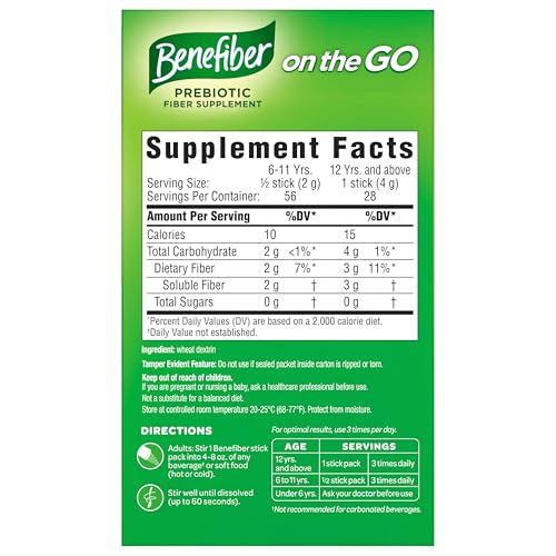 Benefiber On The Go Prebiotic Fiber Supplement Powder for Digestive Health, Daily Fiber, Unflavored - 28 Sticks (3.92 Ounces) - OmniHealth US