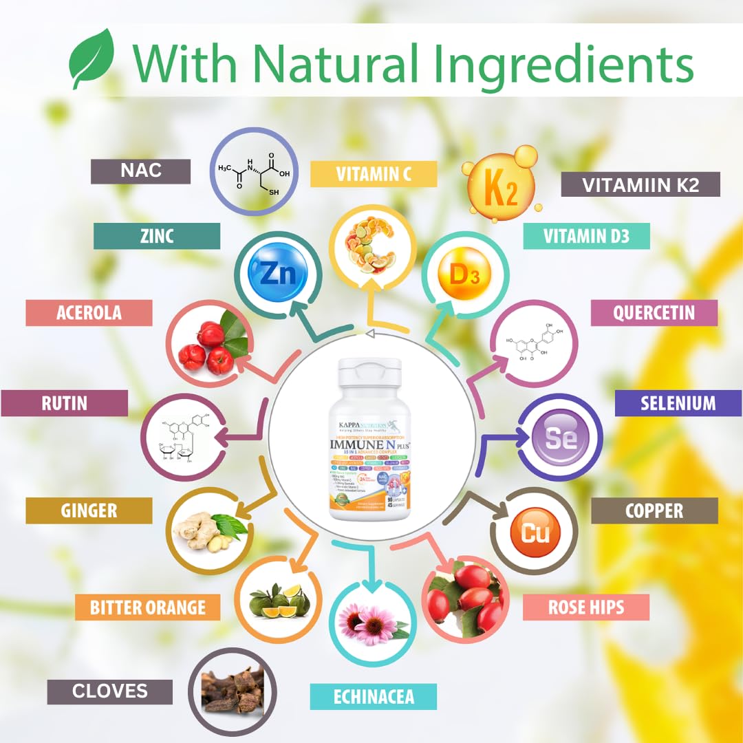 (60 Capsules), NAC 600mg, Quercetin 1,000mg, Vitamin C 500mg, Zinc 50mg, Vitamin D3 5,000iu, Selenium, Copper, Acerola, Ginger, Rutin, Citrus Bioflavonoids, Rose Hips, Echinacea, Immune N Plus 15 in 1 - Maple Wellness Supplements