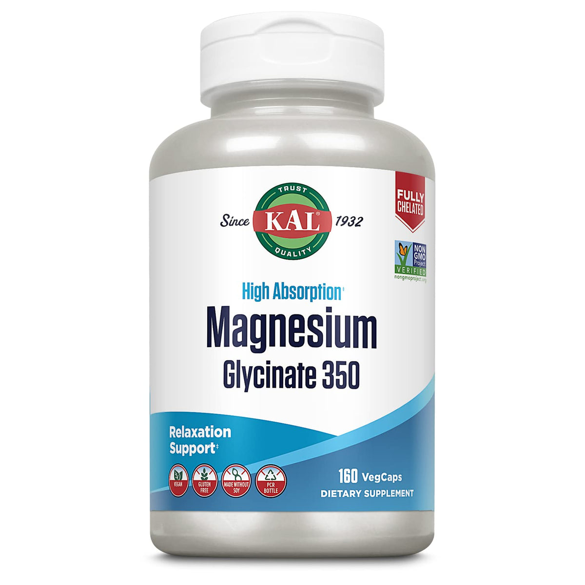 KAL Magnesium Glycinate Capsules, Fully Chelated Magnesium Bisglycinate, High Absorption Magnesium Supplement, Healthy Bones, Muscle, OmniHealth US