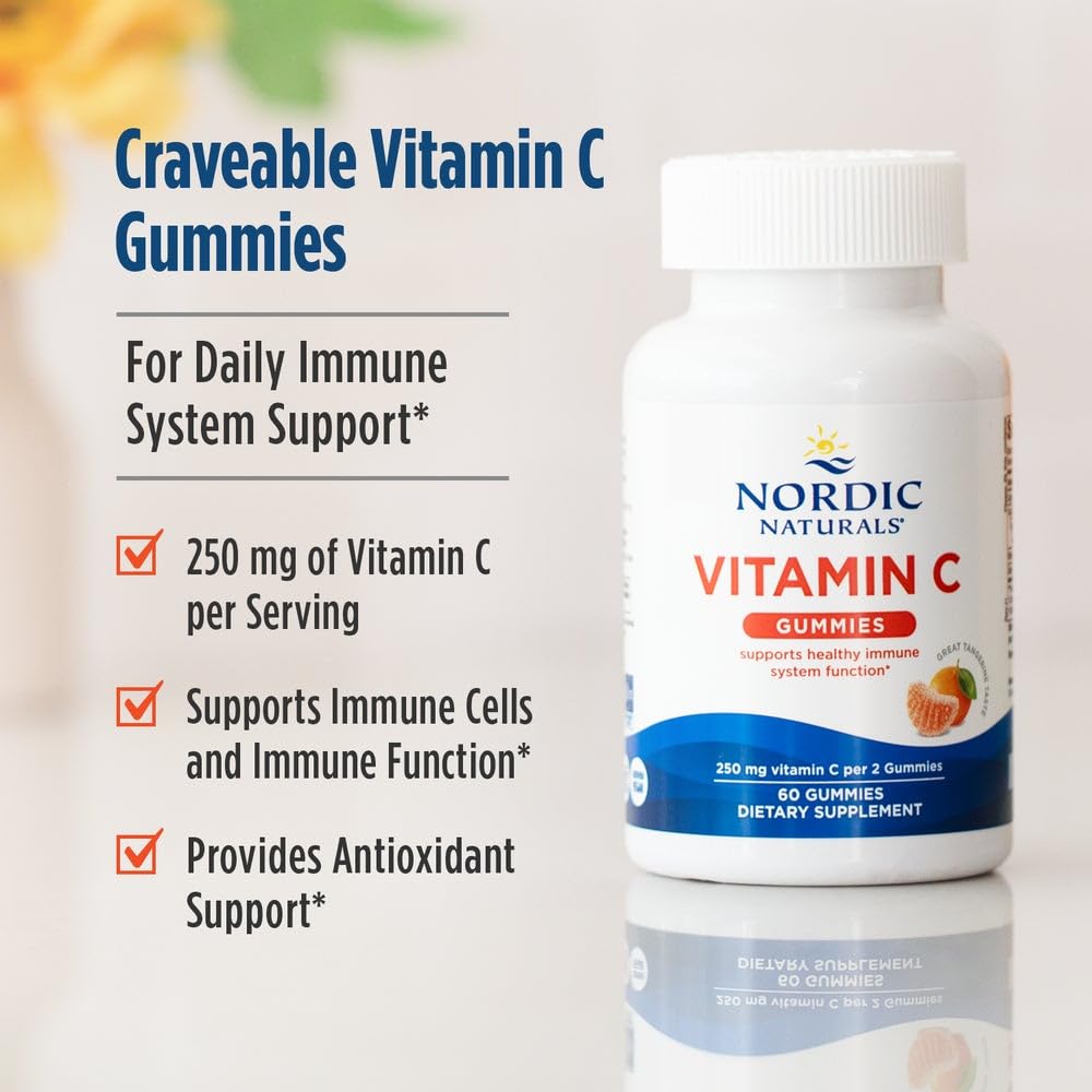 Nordic Naturals Vitamin C Gummies, Tart Tangerine - 120 Gummies - 250 mg Vitamin C - Immune Support, Antioxidant Protection - OmniHealth US