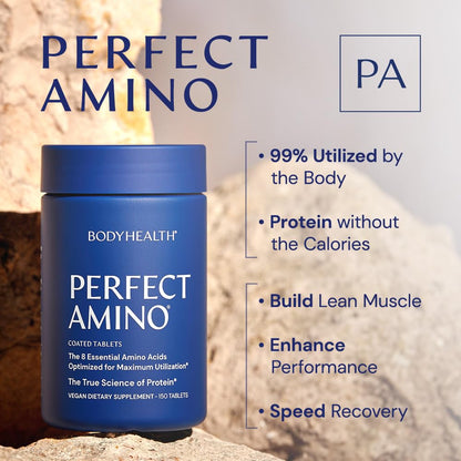 BodyHealth PerfectAmino (150 ct) Easy to Swallow Tablets, Essential Amino Acids Supplement with BCAAs, Vegan Protein for Pre/Post Workout & Muscle Recovery with Lysine - OmniHealth US