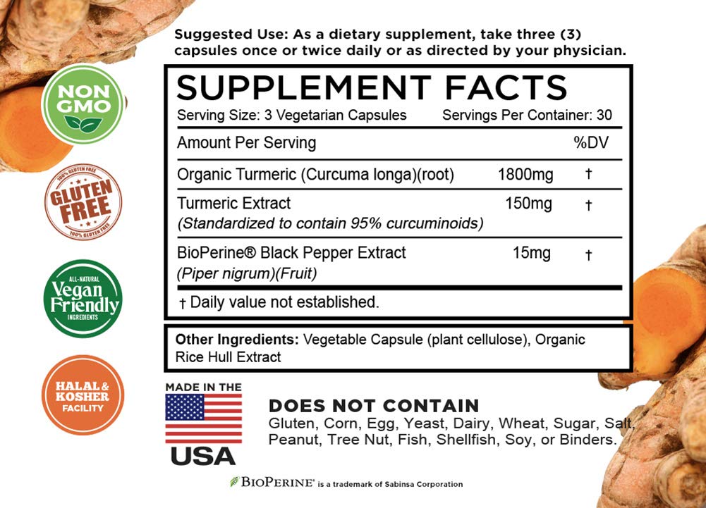 Turmeric Curcumin with BioPerine Black Pepper & 95% Curcuminoids, 1965mg, Maximum Absorption for Joint Support, Non-GMO Turmeric Capsules, OmniHealth US