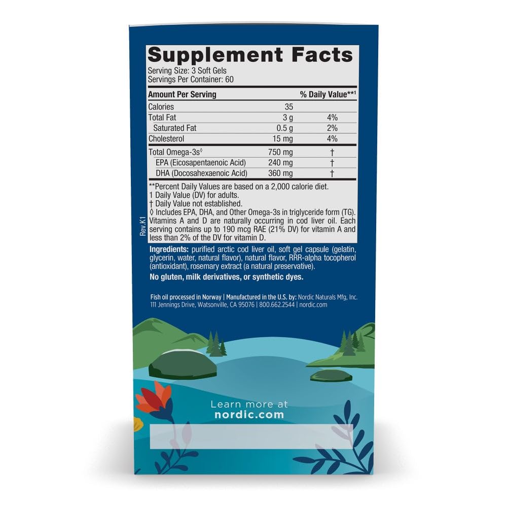 Nordic Naturals Arctic Cod Liver Oil, Lemon - 180 Soft Gels - 750 mg Total Omega-3s with EPA & DHA - Heart & Brain Health, Healthy Immunity - OmniHealth US