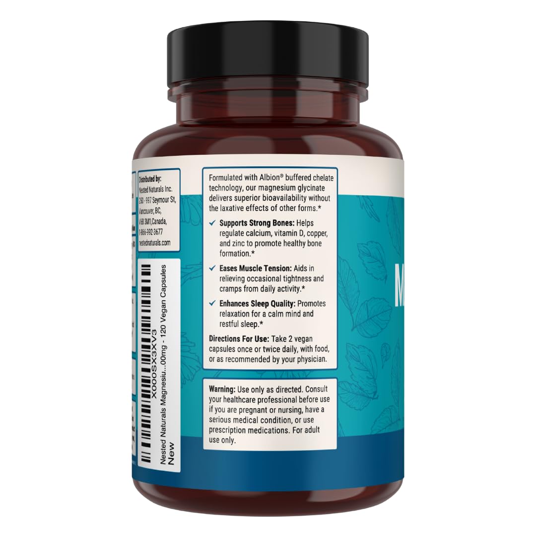 Nested Naturals Magnesium Glycinate Chelate - 200mg Chelated Magnesium Supplement for Muscle Cramps, Relaxation, & Sleep Support - 100% Albion TRACCS Buffered - OmniHealth US