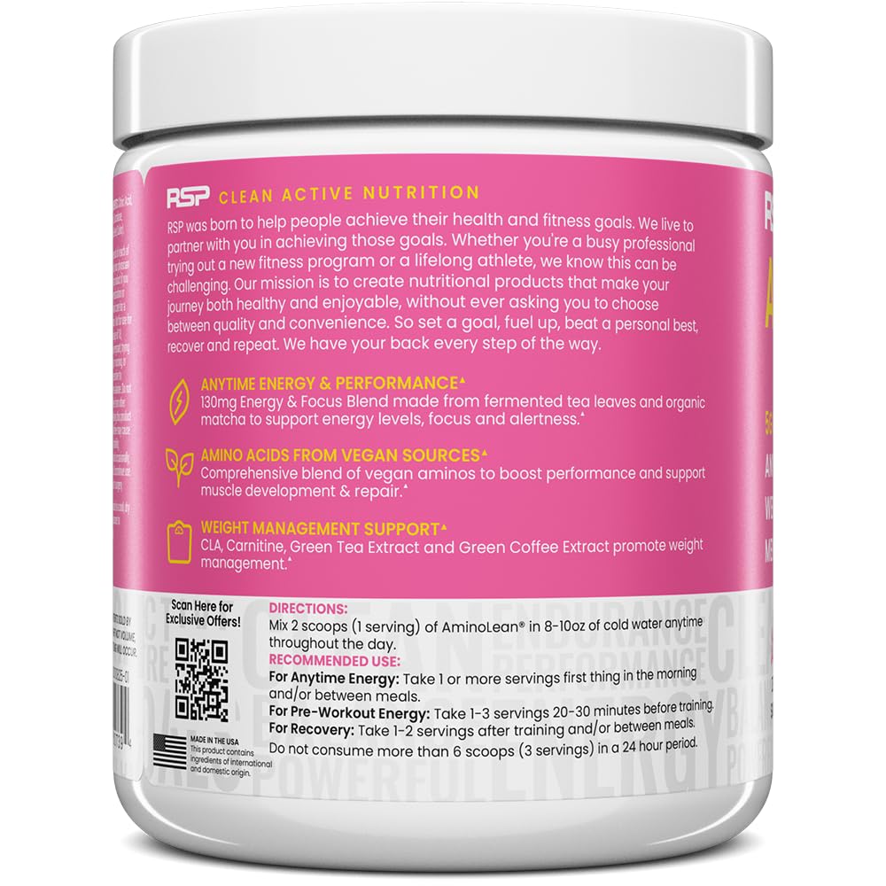 RSP NUTRITION AminoLean Pre Workout Powder, Amino Energy & Weight Management with Vegan BCAA Amino Acids, Natural Caffeine, Preworkout Boost for Men & Women, 30 Serv, Pink Lemonade… - OmniHealth US