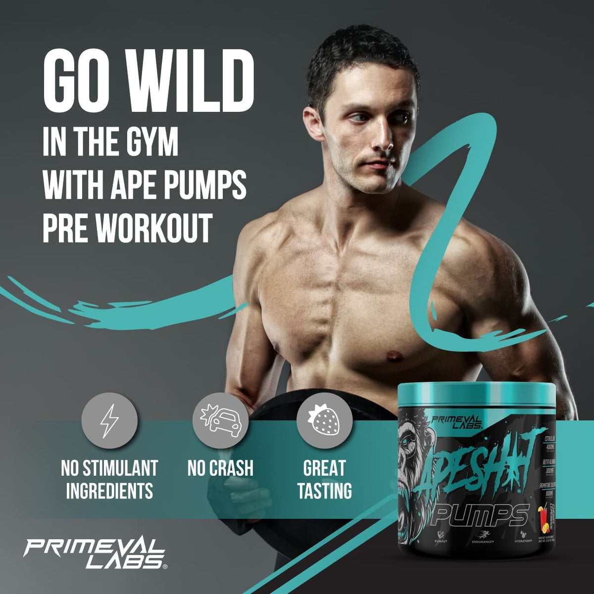 Primeval Labs Ape Pumps Natural Pre Workout Powder | Caffeine Free Preworkout for Endurance, Muscle Growth, Strength & Hydration Beta Alanine, L Citrulline, Agmatine | Cherry Lemonade 40 Servings
