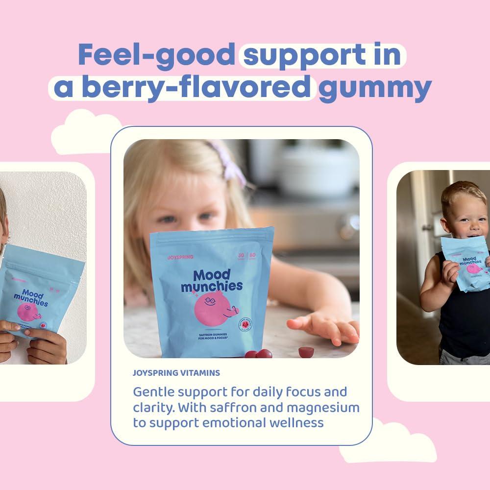 JoySpring Mood Munchies Saffron Gummies for Kids 4+ | Saffron Extract Supplement with GABA, Passion Flower & St Johns Wort | Sugar Free Vegan Brain Support - OmniHealth US