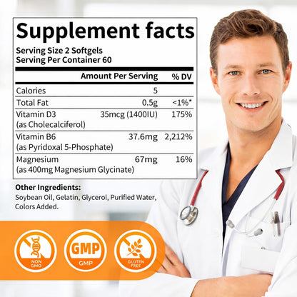 Magnesium Glycinate 400mg Softgels with Vitamin D3 & B6,Small Easy to Swallow Gel Caps,High Absorption, Gentle on Stomach,Supports Sleep, OmniHealth US