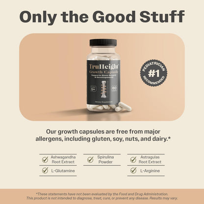 TruHeight Growth Capsules - Tall Nutrition for Natural Growth Supplement for Kids & Teens - Pediatric Vitamin D, K, Calcium & Ashwagandha - Bone Strength - OmniHealth US