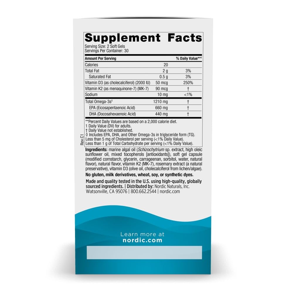 Nordic Naturals Ultimate Omega Plant Based Vitamin with Vitamin D3+K2-60 Vegetarian Soft Gels - 1210 mg Omega-3s Plus 2000 IU D3 and 90 mcg K2 - OmniHealth US