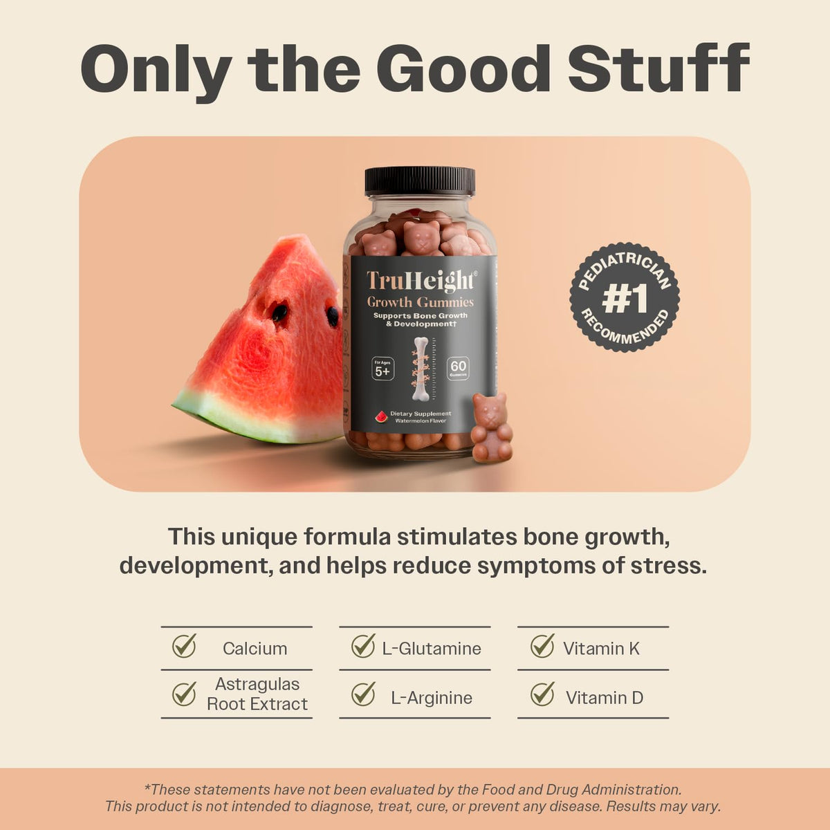 TruHeight Growth Gummies (Watermelon) Tall Nutrition for Natural Growth Supplement for Kids & Teens - Vitamin D, K, Calcium & Ashwagandha - OmniHealth US
