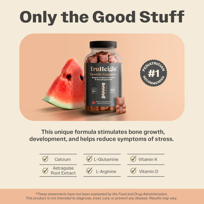 TruHeight Growth Gummies (Watermelon) Tall Nutrition for Natural Growth Supplement for Kids & Teens - Vitamin D, K, Calcium & Ashwagandha - OmniHealth US
