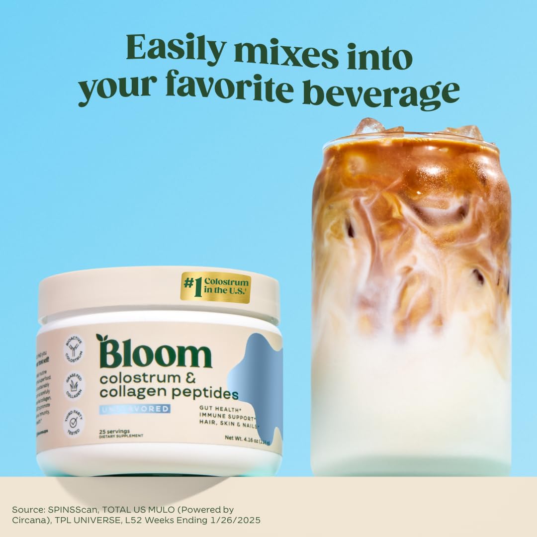 Bloom Nutrition Bovine Colostrum Powder with Vitamin B-12 for Gut Health, Immune Support, Hair Growth & Beauty Supplement | Unflavored, 25 Servings - OmniHealth US