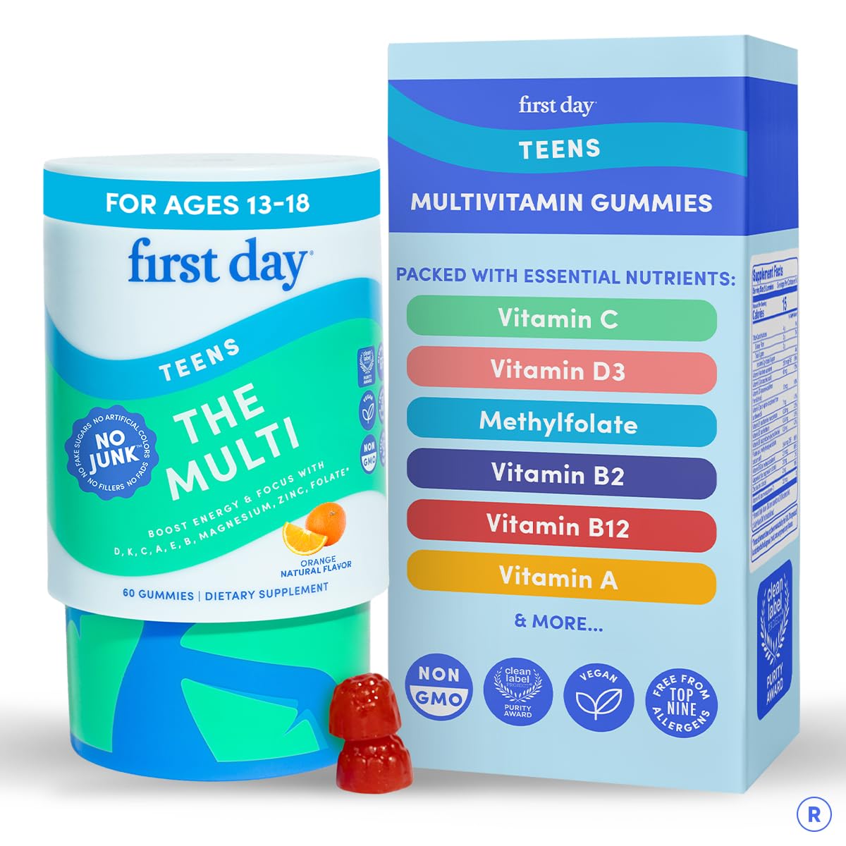 FIRST DAY Vitamins for Teens - Teen Multi Vitamins for Girls & Boys 12-17, Organic Fruit & Veggie Blend - 12 Key Nutrients: Vitamins A - OmniHealth US