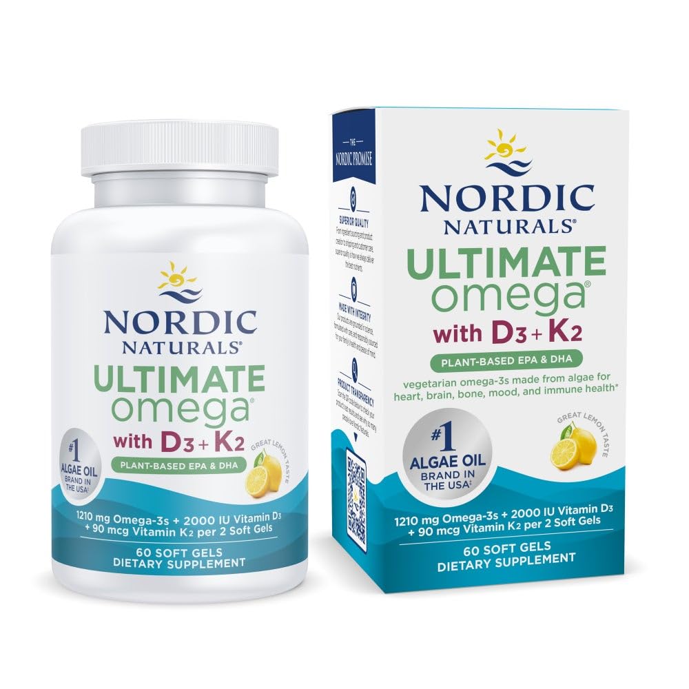 Nordic Naturals Ultimate Omega Plant Based Vitamin with Vitamin D3+K2-60 Vegetarian Soft Gels - 1210 mg Omega-3s Plus 2000 IU D3 and 90 mcg K2 - OmniHealth US