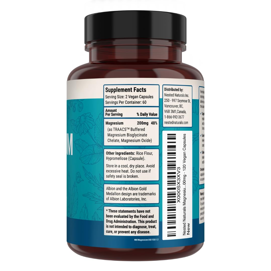 Nested Naturals Magnesium Glycinate Chelate - 200mg Chelated Magnesium Supplement for Muscle Cramps, Relaxation, & Sleep Support - 100% Albion TRACCS Buffered - OmniHealth US