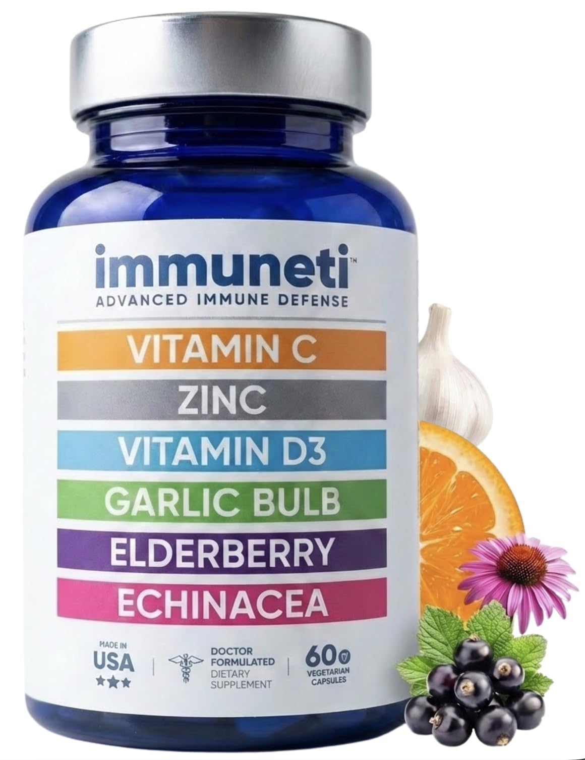 Immuneti Advanced Immune Support – Doctor Formulated 6-in-1 Daily Immunity Supplement – Made in USA – With Vitamin C, D3, Zinc, Elderberry - OmniHealth US
