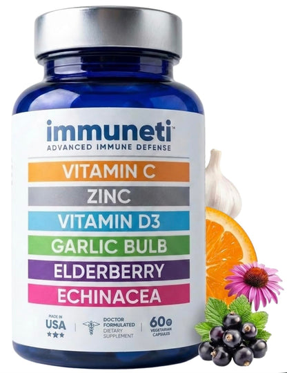 Immuneti Advanced Immune Support – Doctor Formulated 6-in-1 Daily Immunity Supplement – Made in USA – With Vitamin C, D3, Zinc, Elderberry - OmniHealth US