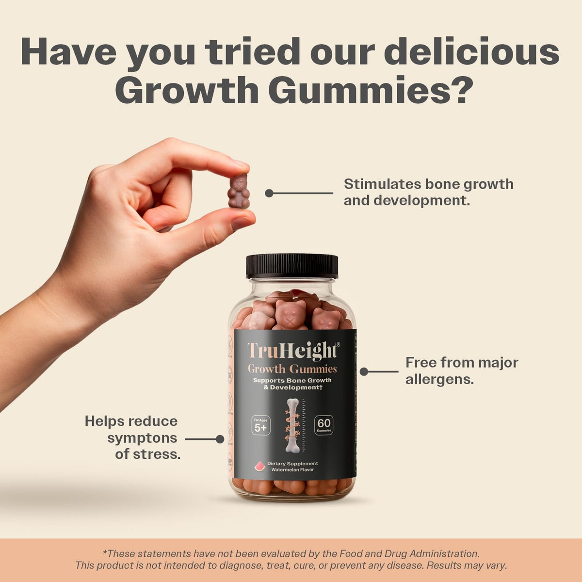 TruHeight Growth Gummies (Watermelon) Tall Nutrition for Natural Growth Supplement for Kids & Teens - Vitamin D, K, Calcium & Ashwagandha - OmniHealth US