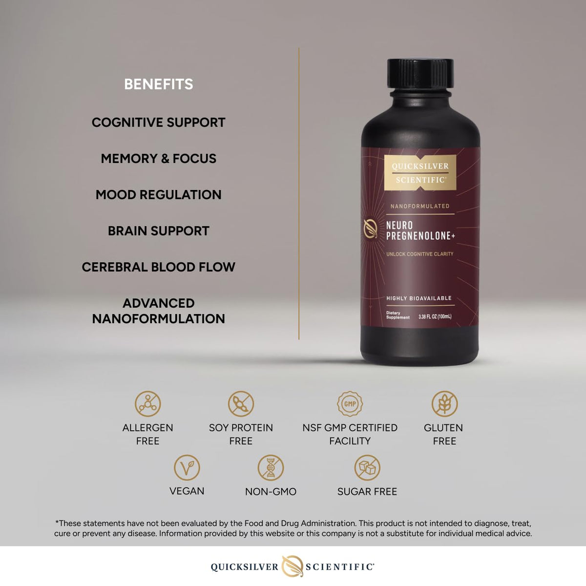 Quicksilver Scientific Neuro Pregnenolone+ - Brain Support Supplement for Neurological Health - Neuroactive Ingredients - Rapid Absorption - Vegan, Sugar-Free & Gluten-Free - 3.38 fl oz (20 Servings) Quicksilver ScientificBuy Supplements Australia