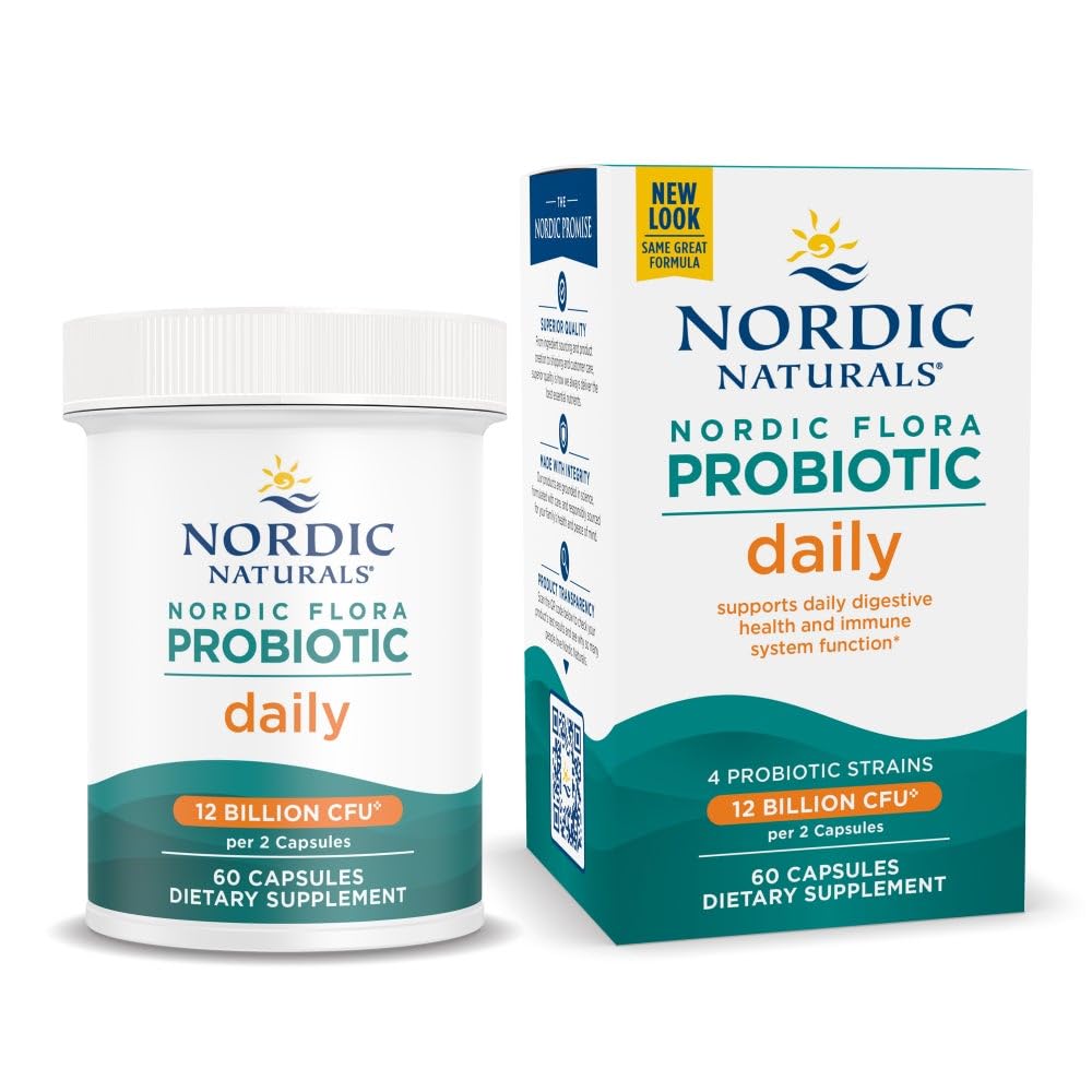Nordic Naturals Nordic Flora Probiotic Daily - 60 Capsules - 4 Probiotic Strains with 12 Billion Cultures - Optimal Wellness, Immune Support, Digestive Health - Non-GMO, Vegan - 30 Servings - OmniHealth US