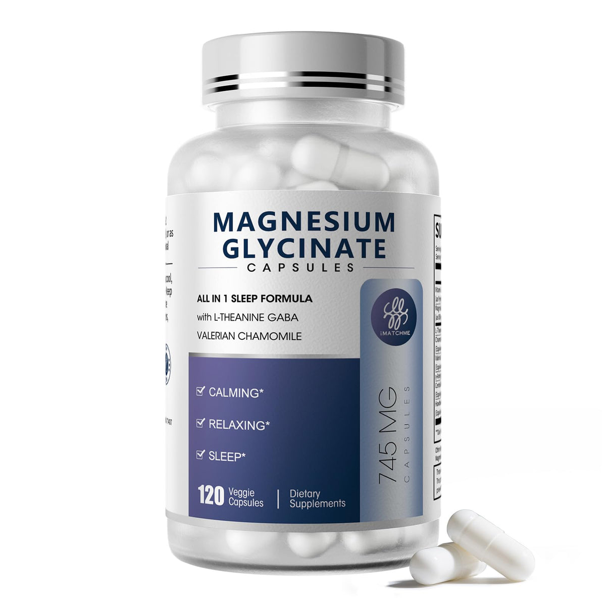 iMATCHME Magnesium Glycinate 850mg Capsules with L-Theanine, Chamomile & GABA for Sleep, Calmness, Muscle, Bone Health & Immune Support, Magnesium for Women and Men, OmniHealth US