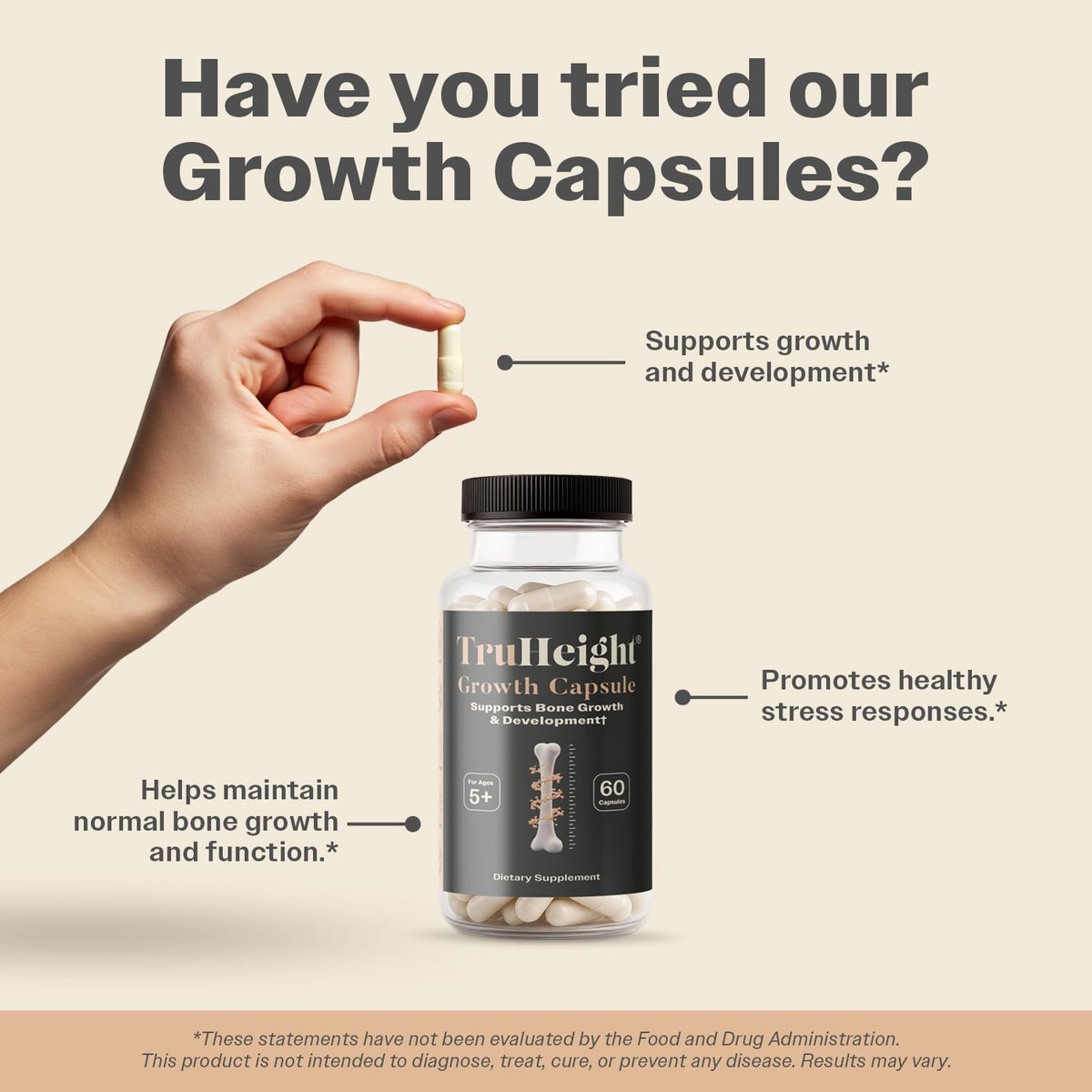 TruHeight Growth Capsules - Tall Nutrition for Natural Growth Supplement for Kids & Teens - Pediatric Vitamin D, K, Calcium & Ashwagandha - Bone Strength - OmniHealth US