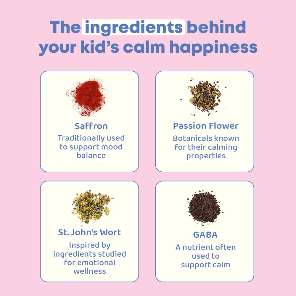 JoySpring Mood Munchies Saffron Gummies for Kids 4+ | Saffron Extract Supplement with GABA, Passion Flower & St Johns Wort | Sugar Free Vegan Brain Support - OmniHealth US
