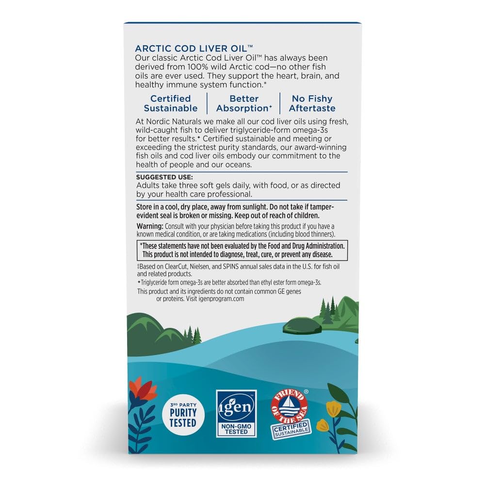 Nordic Naturals Arctic Cod Liver Oil, Lemon - 180 Soft Gels - 750 mg Total Omega-3s with EPA & DHA - Heart & Brain Health, Healthy Immunity - OmniHealth US
