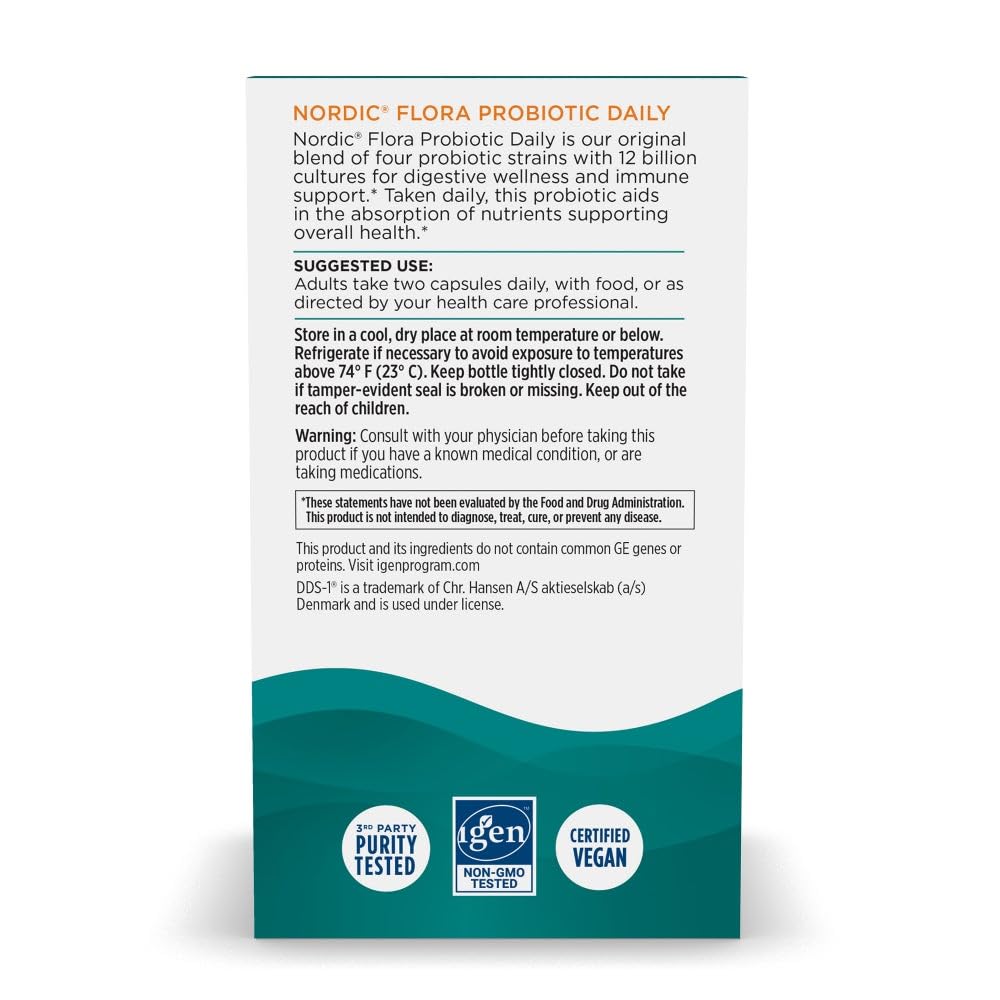 Nordic Naturals Nordic Flora Probiotic Daily - 60 Capsules - 4 Probiotic Strains with 12 Billion Cultures - Optimal Wellness, Immune Support, Digestive Health - Non-GMO, Vegan - 30 Servings - OmniHealth US