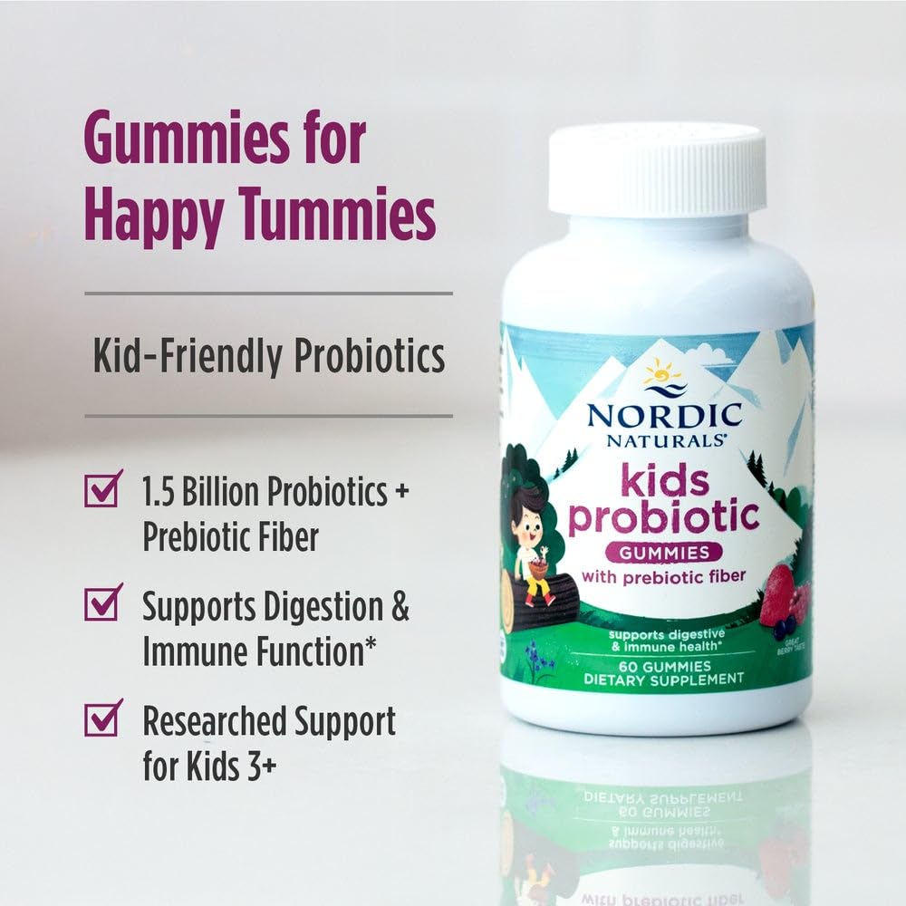 Nordic Naturals Kids Nordic Flora Probiotic Gummies, Merry Berry Punch - 60 Gummies - 1.5 Billion CFU & Prebiotic Fiber - OmniHealth US