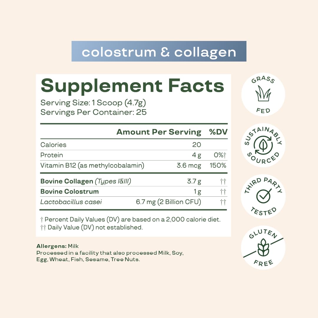 Bloom Nutrition Bovine Colostrum Powder with Vitamin B-12 for Gut Health, Immune Support, Hair Growth & Beauty Supplement | Unflavored, 25 Servings - OmniHealth US