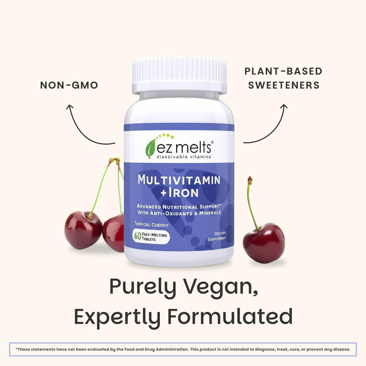 EZ Melts Multivitamin + Iron - Daily Multivitamin for Women & Men - Supports Healthy Energy Levels & Antioxidant Protection - Non-GMO & Vegan - Tropical Cherry - OmniHealth US